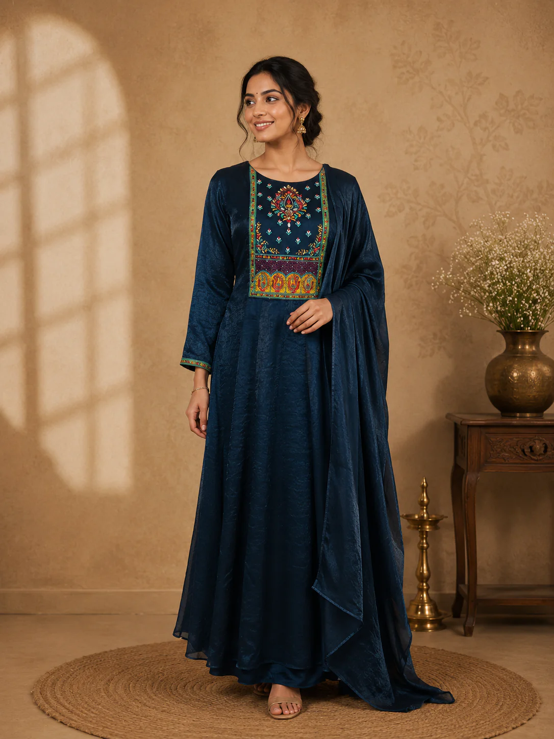 Blue Floral Designed Organza Anarkali Salwar Suit